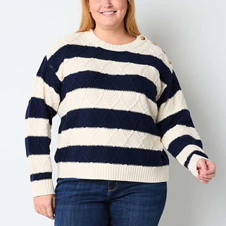 St. John's Bay Plus Womens Crew Neck Long Sleeve Striped Pullover Sweater, 4x, Blue