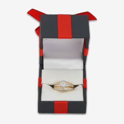 Womens 1 CT. T.W. Natural White Diamond 14K Gold Round Side Stone Halo Bridal Set