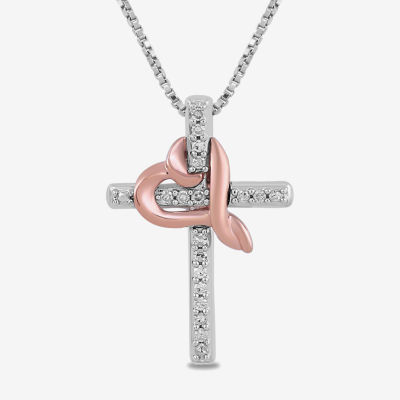 Hallmark Diamonds Womens Diamond Accent Natural White Diamond 14K Rose Gold Over Silver Cross Heart Pendant Necklace