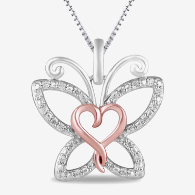 Hallmark Diamonds Womens Diamond Accent Natural White Diamond 14K Rose Gold Over Silver Butterfly Heart Pendant Necklace