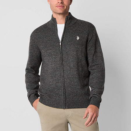 U.S. Polo Assn. Full Zip Mens Mock Neck Long Sleeve Cardigan, Small, Gray