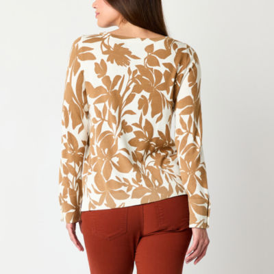 Liz Claiborne Womens Crew Neck Long Sleeve Floral Pullover Sweater