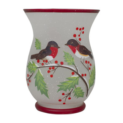 Northlight 8" Hand Painted Finches And Pine Glass Candle Holder