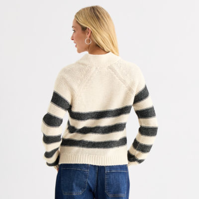 a.n.a Womens Split Crew Neck Long Sleeve Striped Pullover Sweater