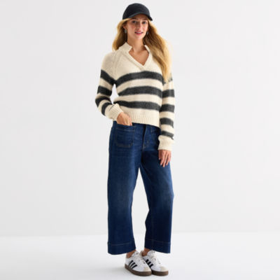 a.n.a Womens Split Crew Neck Long Sleeve Striped Pullover Sweater