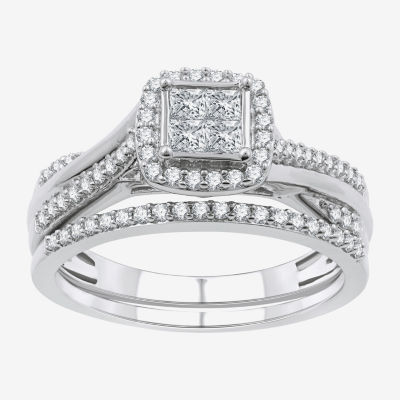 H -I/ I1 Womens 1/2 CT. T.W. Lab Grown White Diamond Sterling Silver Side Stone Halo Bridal Set