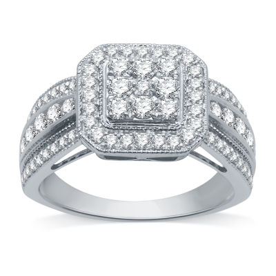 Diamond Blossom Womens 1 CT. T.W. Natural White Diamond 10K White Gold Halo Cocktail Ring