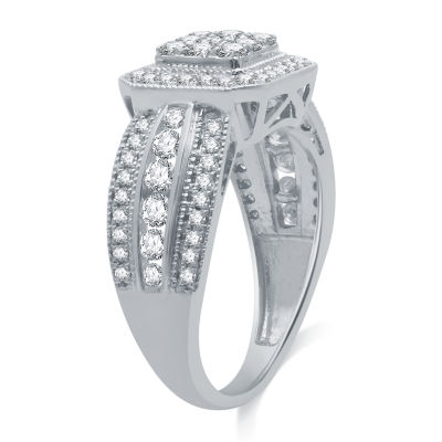 Diamond Blossom Womens 1 CT. T.W. Natural White Diamond 10K White Gold Halo Cocktail Ring