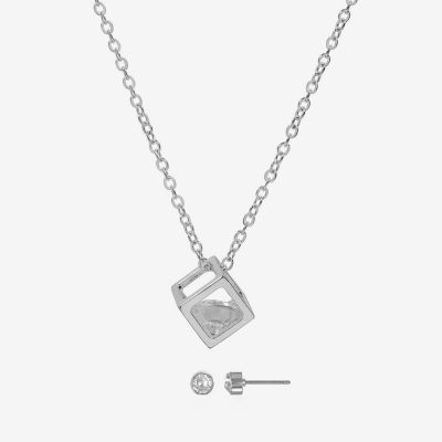 Bijoux Bar Delicates Silver Tone Pendant Necklace & Stud Earring 2-pc. Cubic Zirconia Square Jewelry Set