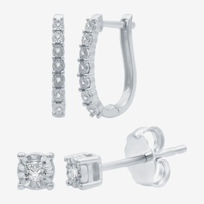 YES PLEASE! 1/10 CT. T.W. Diamond Hoop and Stud Earring Set in Sterling Silver