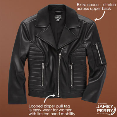 Jamey Perry x JCPenney Womens Adaptive Quilted Faux Leather Moto Jacket