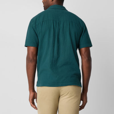 St. John's Bay Textured Button-Down Mens V Neck Short Sleeve Camp Shirt