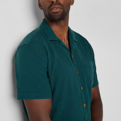 St. John's Bay Textured Button-Down Mens V Neck Short Sleeve Camp Shirt