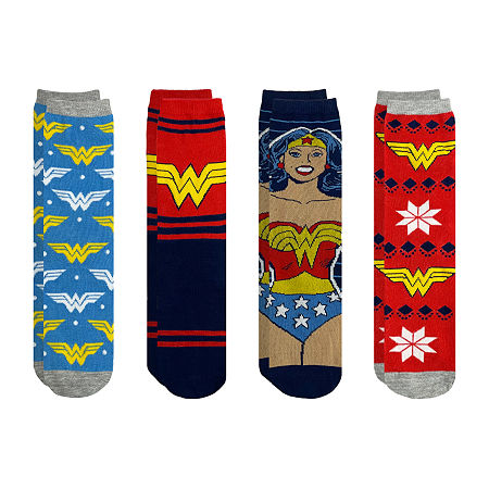 4 Pair Wonder Woman Crew Socks Womens, 4-10 , Red