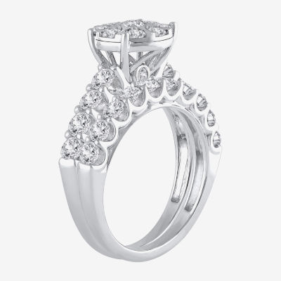 Womens 2 CT. T.W. Natural White Diamond 14K White Gold Round Halo Bridal Set