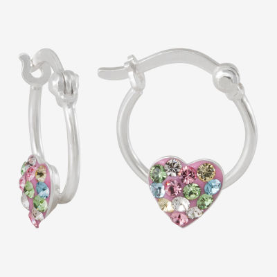 Girls Multi Color Crystal Sterling Silver 14.5mm Heart Hoop Earrings