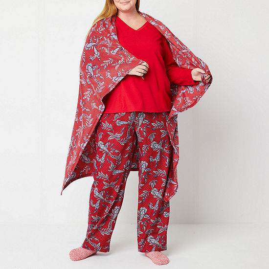 Liz Claiborne Womens Plus V-Neck Long Sleeve 4-pc. Pant Pajama Set