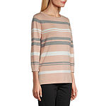 Liz Claiborne Womens Boat Neck 3/4 Sleeve Striped Pullover Sweater
