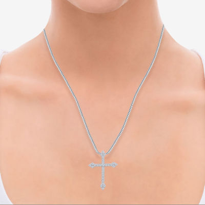 (H / Si2) Womens 1 CT. T.W. Lab Grown White Diamond 10K White Gold Cross Pendant Necklace