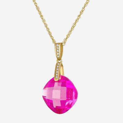 Womens Diamond Accent Lab Created Gemstone 14K Gold Cushion Pendant Necklace