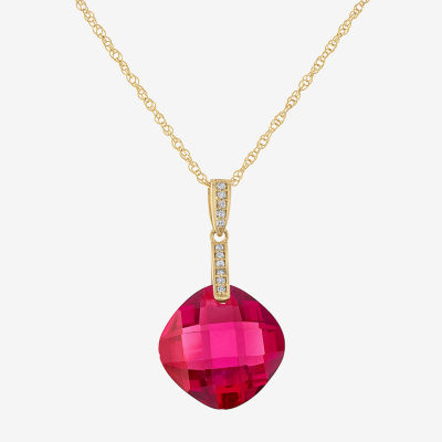 Womens Diamond Accent Lab Created Gemstone 14K Gold Cushion Pendant Necklace