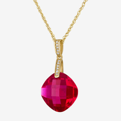 Womens Diamond Accent Lab Created Gemstone 14K Gold Cushion Pendant Necklace