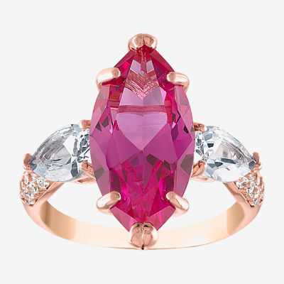 Womens Lab Created Pink Sapphire 18K Rose Gold Over Silver Marquise Cocktail Ring