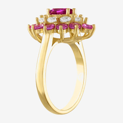 Womens Lab Created Pink Sapphire 14K Gold Over Silver Pear Halo Cocktail Ring