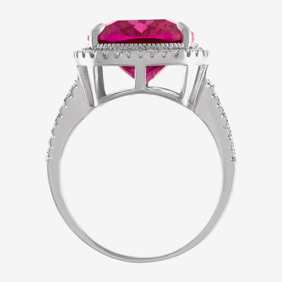 Womens Lab Created Pink Sapphire Sterling Silver Cushion Halo Cocktail Ring