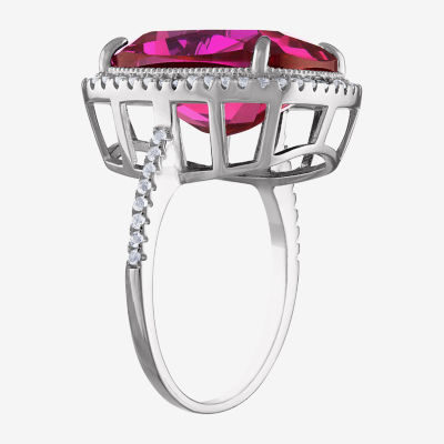 Womens Lab Created Pink Sapphire Sterling Silver Cushion Halo Cocktail Ring