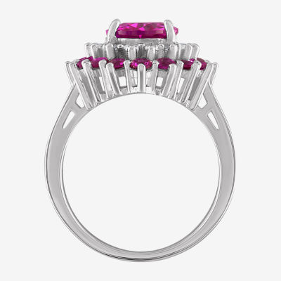 Womens Lab Created Pink Sapphire Sterling Silver Oval Halo Cocktail Ring