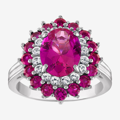 Womens Lab Created Pink Sapphire Sterling Silver Oval Halo Cocktail Ring