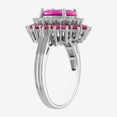 Womens Lab Created Pink Sapphire Sterling Silver Oval Halo Cocktail Ring