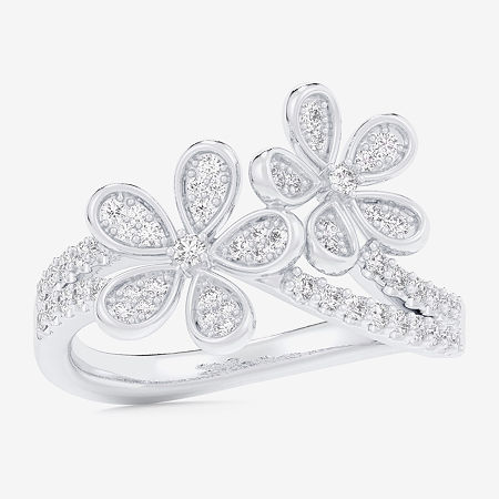 (G-H / Si1-Si2) Womens 1/3 CT. T.W. Lab Grown White Diamond 10K White Gold Flower Bypass Cocktail Ring, 8, White