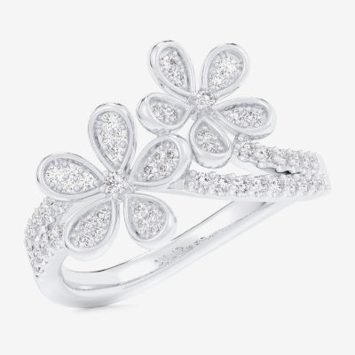 G-H / Si1-Si2) Womens 1/3 CT. T.W. Lab Grown White Diamond 10K Gold Flower Bypass Cocktail Ring