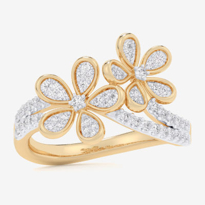 (G-H / Si1-Si2) Womens 1/3 CT. T.W. Lab Grown White Diamond 10K Gold Flower Bypass  Cocktail Ring