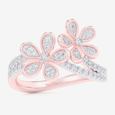 (G-H / Si1-Si2) Womens 1/3 CT. T.W. Lab Grown White Diamond 10K Rose Gold Flower Bypass  Cocktail Ring