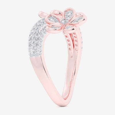 (G-H / Si1-Si2) Womens 1/3 CT. T.W. Lab Grown White Diamond 10K Rose Gold Flower Bypass  Cocktail Ring