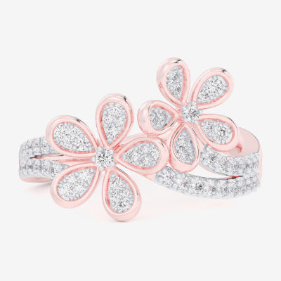 (G-H / Si1-Si2) Womens 1/3 CT. T.W. Lab Grown White Diamond 10K Rose Gold Flower Bypass  Cocktail Ring