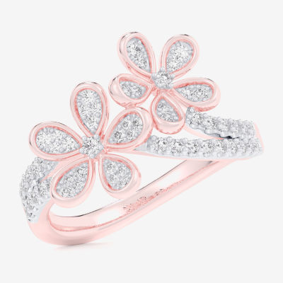 (G-H / Si1-Si2) Womens 1/3 CT. T.W. Lab Grown White Diamond 10K Rose Gold Flower Bypass  Cocktail Ring