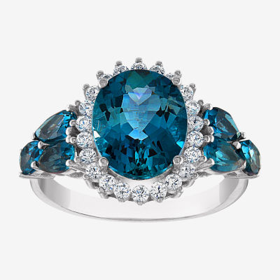 Womens Genuine Blue Topaz Sterling Silver Oval Halo Cocktail Ring