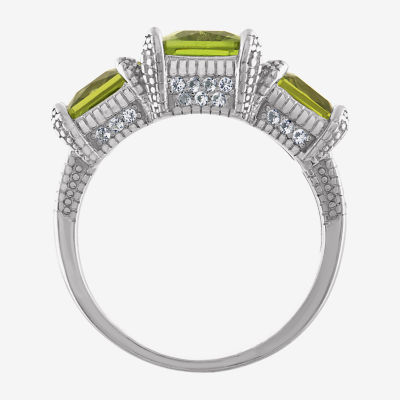 Womens Genuine Green Peridot Sterling Silver 3-Stone Cocktail Ring