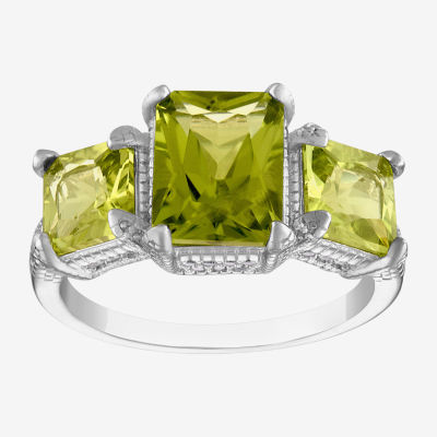 Womens Genuine Green Peridot Sterling Silver 3-Stone Cocktail Ring