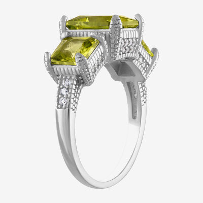 Womens Genuine Green Peridot Sterling Silver 3-Stone Cocktail Ring