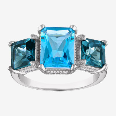 Womens Genuine Blue Topaz Sterling Silver 3-Stone Cocktail Ring