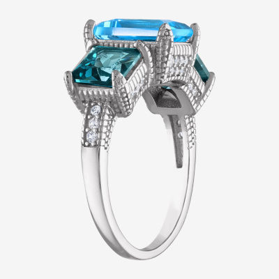 Womens Genuine Blue Topaz Sterling Silver 3-Stone Cocktail Ring