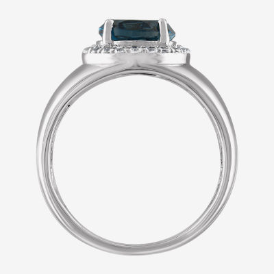 Womens Genuine Blue Topaz Sterling Silver Oval Halo Cocktail Ring