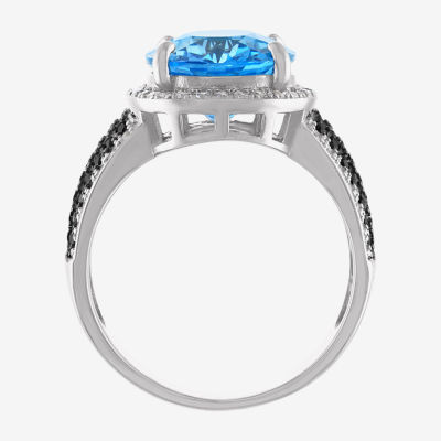 Womens Genuine Blue Topaz Sterling Silver Oval Halo Cocktail Ring