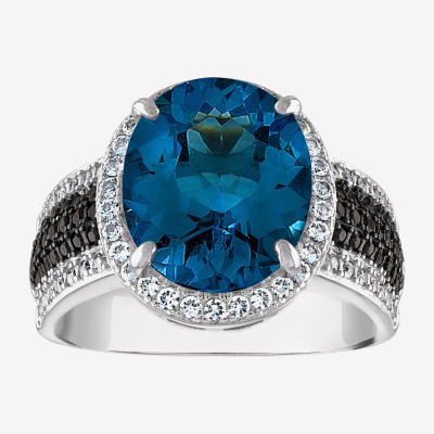 Womens Genuine Blue Topaz Sterling Silver Oval Halo Cocktail Ring