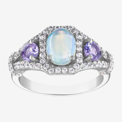 Womens Genuine White Opal Sterling Silver Oval Halo Cocktail Ring